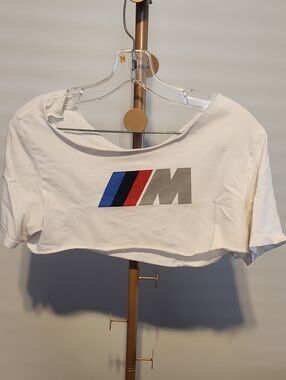BMW White Cropped Tee with Blue-Red-Black M Stripe